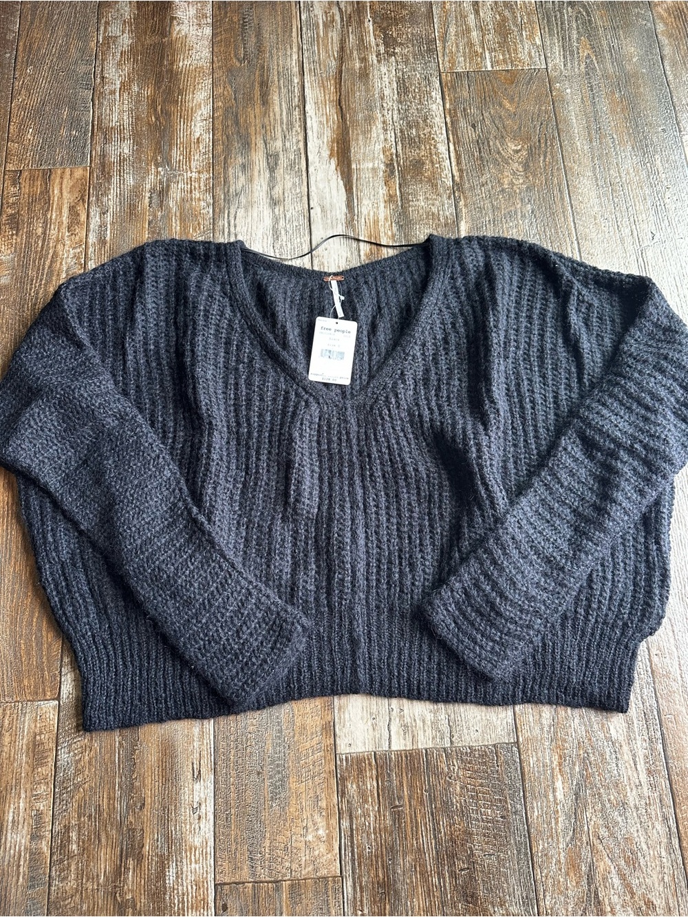 Free People Black Ribbed Knit Alpaca Blend V-Neck Oversized Pullover Sweater S